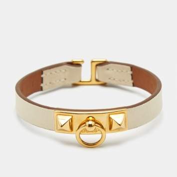 Pre Owned Hermès Rivale Mini Cream Leather Gold Plated Bracelet