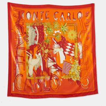 Pre Owned Hermes Orange/Red Monte Carlo Silk Scarf