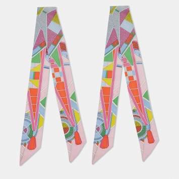 Hermès Multicolor L'Art Indien des Plaines Silk Twilly Set of 2
