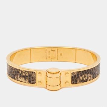 Pre Owned Hermes Lizard Skin Gold Plated Narrow Hinged Bangle Bracelet