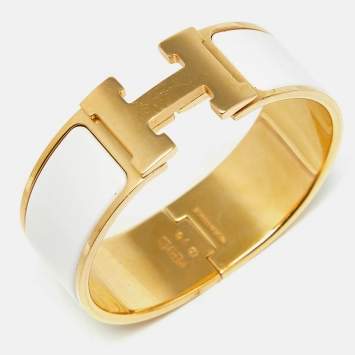 Pre Owned Hermès Clic Clac H White Enamel Gold Plated Bracelet