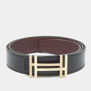 Hermes Noir/Bordeaux Box and Togo Leather H Au Carre Reversible Belt 90 CM