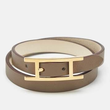 Pre Owned Hermès Hapi 3 Leather Gold Plated Wrap Bracelet 