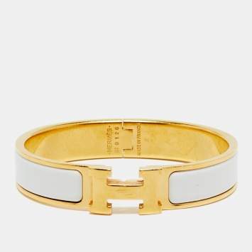 Pre Owned Hermès Clic H White Enamel Gold Plated Bracelet