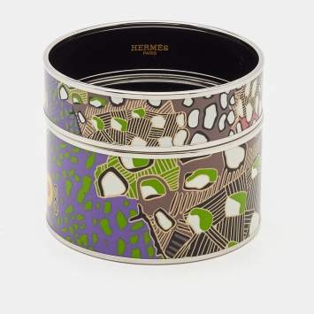 Pre Owned Hermès Printed Enamel Palladium Plated Set of 2 Bangle Bracelet