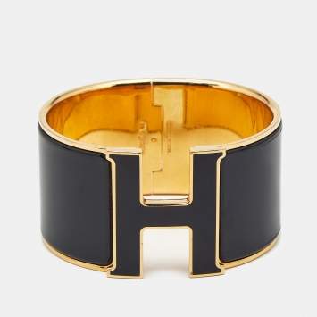 Pre Owned Hermès Clic Clac H Black Enamel Gold Plated Extra Wide Bracelet