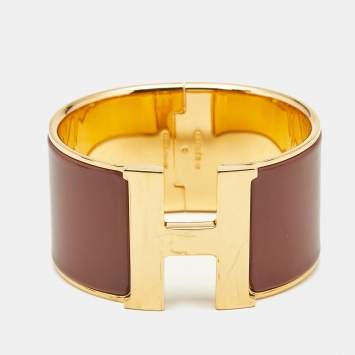 Pre Owned Hermès Clic Clac H Brown Enamel Gold Plated Extra Wide Bracelet