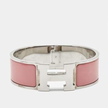Pre Owned Hermès Clic Clac H Pink Enamel Palladium Plated Wide Bracelet