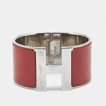 Pre Owned Hermès Clic Clac H Red Enamel Palladium Plated Extra Wide Bracelet