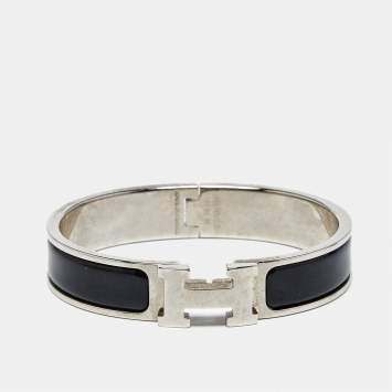 Pre Owned Hermès Clic H Black Enamel Palladium Plated Bracelet