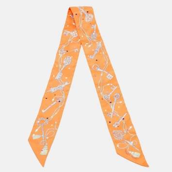 Pre Owned Hermes Orange Silk Les Cles a Pois Twilly