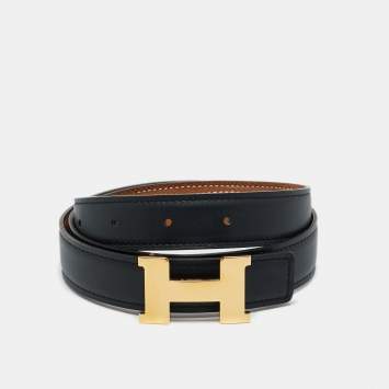 Pre Owned Hermes Gold/Noir Epsom and Swift Leather Constance Reversible Slim Belt 80 CM