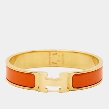 Pre Owned Hermès Clic H Orange Enamel Gold Plated Bracelet