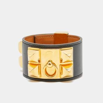 Pre Owned Hermès Collier De Chien Black Leather Gold Plated Bracelet S