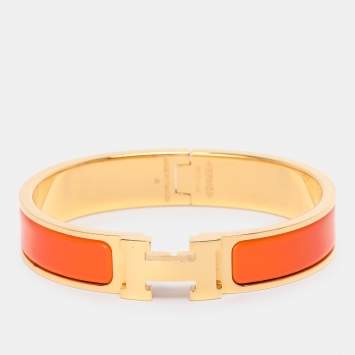 Pre Owned Hermes Clic H Orange Enamel Gold Plated Narrow Bracelet