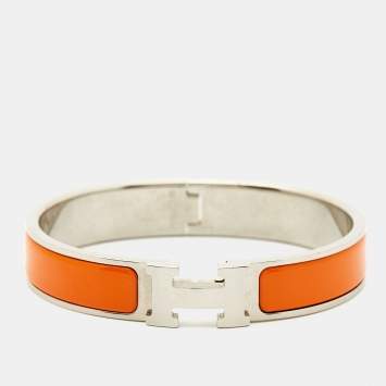 Pre Owned Hermes Clic H Orange Enamel Palladium Plated Bracelet