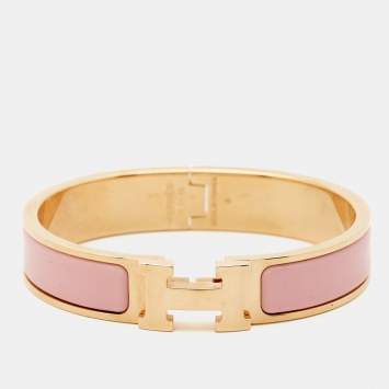Pre Owned Hermes  Clic H Pink Enamel Rose Gold Tone Bracelet