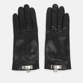 Pre Owned Hermès Noir Leather Soya Kelly Lock Gloves Size 6