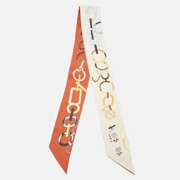 Pre Owned Hermès Orange/Off-White Do re boucles Silk Twilly 