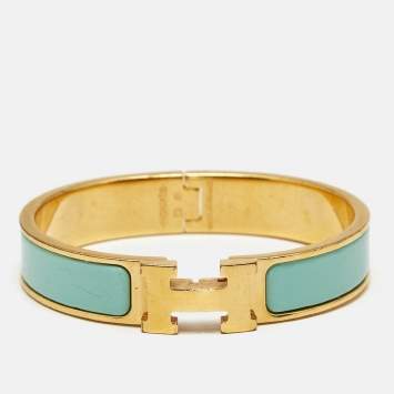 Pre Owned Hermès Clic H Turquoise Enamel Gold Plated Bracelet