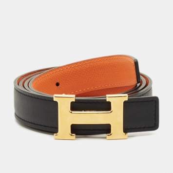 Pre Owned Hermes Black/Orange Chamonix and Epsom Leather Mini H Buckle Belt 110CM