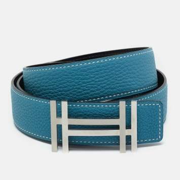 Pre Owned Hermès Blue Jean/Black Clemence and Box Leather Double H Reversible Belt 95CM