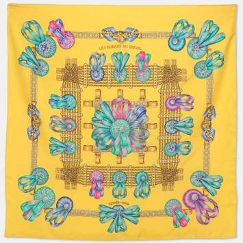 Pre Owned Hermès Yellow Multicolor Printed Silk Les Rubans Du Cheval Scarf 