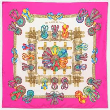 Pre Owned Hermes Pink Multicolor Printed Silk Les Rubans Du Cheval Scarf 
