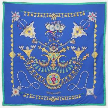 Pre Owned Hermès Blue Multicolor Printed Silk Parures Des Sables Scarf