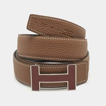 Pre Owned Hermès Gold/Black Togo and Box Leather Quizz Reversible Belt 90CM