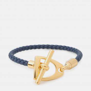 Pre Owned Hermes Etrier Navy Swift Leather Metal Bracelet 