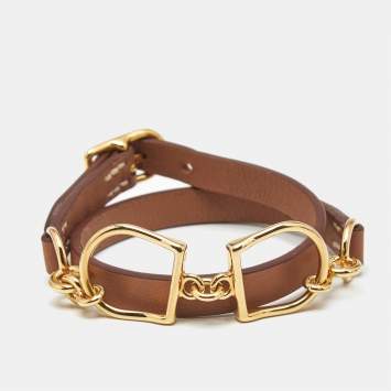 Pre Owned Hermès  Etrier Double  Brown Leather Gold Tone Tour Bracelet