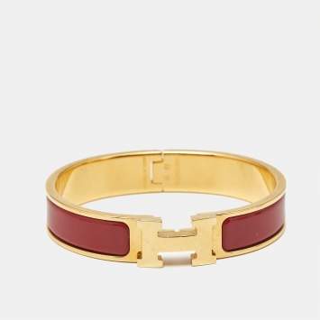 Pre Owned Hermès Clic H Red Enamel Gold Plated Bracelet