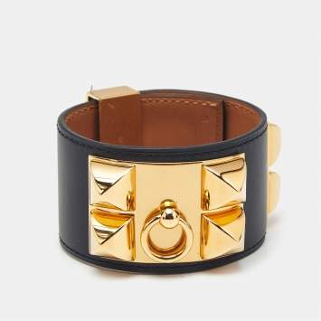 Pre Owned Hermès Collier De Chien Black Leather Gold Plated Bracelet S