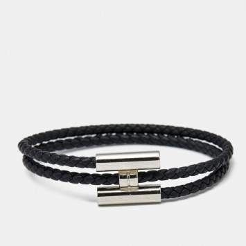 Pre Owned Hermes Tournis Tresse Black Leather Palladium Plated Bracelet