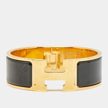Pre Owned Hermes Clic Clac H Black Enamel Gold Plated Bracelet