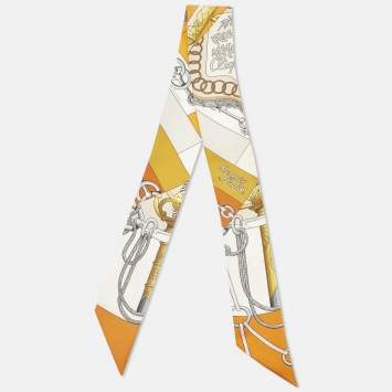 Pre Owned Hermès Orange Printed Silk Twilly