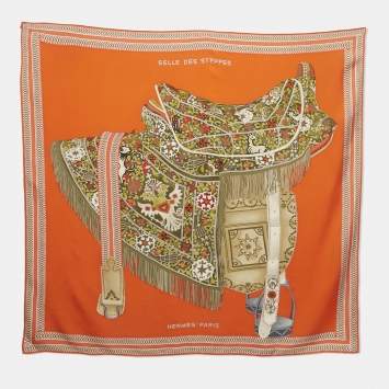 Pre Owned Hermès Orange Silk Selle Des Steppes Scarf