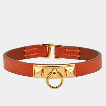 Pre Owned Hermes Rivale Leather Gold Plated Bracelet 