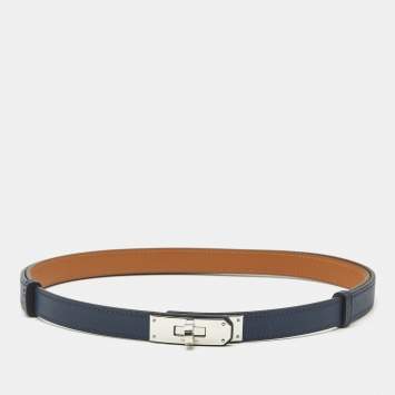 Pre Owned Hermès Kelly 18 Palladium Finish Adjustable Belt Bleu Navy Epsom Leather