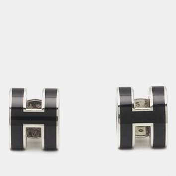 Pre Owned Hermes Mini Pop H Enamel Palladium Plated Earrings