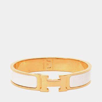مملوكة مسبقًا Hermes Gold Tone White Ceramic Clic Clac H Thin Bracelet