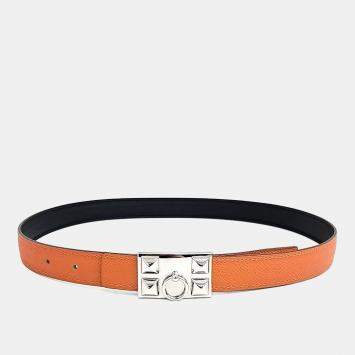Pre Owned Hermes Medore Black, Orange Leather Reversible Belt (U)