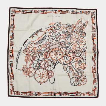 Pre Owned Hermes Carre Complication Equestre Size 90 Claim/Orange/Black Silk100%