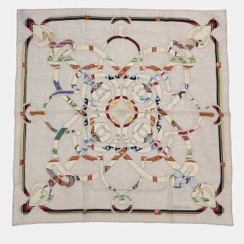 Pre Owned Hermes Appl Couvertures Et Tenues Size 90 Mastic/Natural/Multicolor Cashmere70% Silk30%