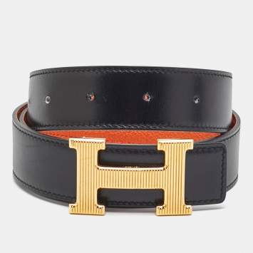 Pre Owned Hermes H Strie 85 CM Reversible Buckle Belt Noir/Orange Box and Togo Leather