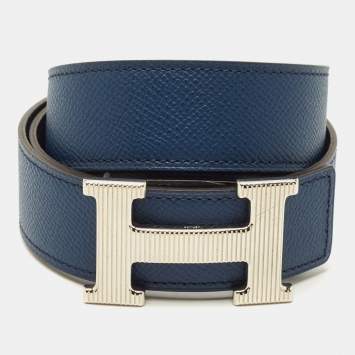 Pre Owned Hermes H Strie 95 CM Reversible Buckle Belt Bleu De Malte/Bleu Nuit Epsom and Togo Leather