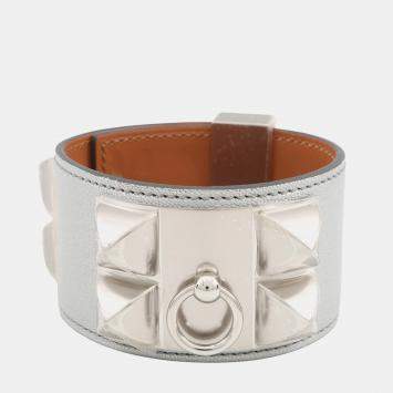 Pre Owned Hermes Collier De Chien Bracelet Size T3 Argent Chevre Shamqila