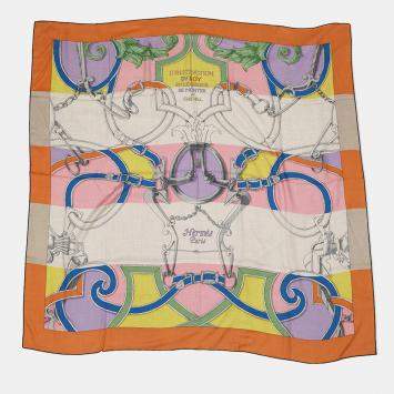 Pre Owned Hermes Carre Jean L'Instruction Duroy Imperial Studies Size 140 Abricot/Rose/Vert Cashmere70% Silk30%