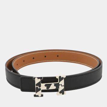 Pre Owned Hermes H Enamel Cool Buckle Reversible Belt Black/Gold Swift Leather Epsom Size 85